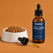 GulpUp Premium Liquid Collagen bottle with kibble