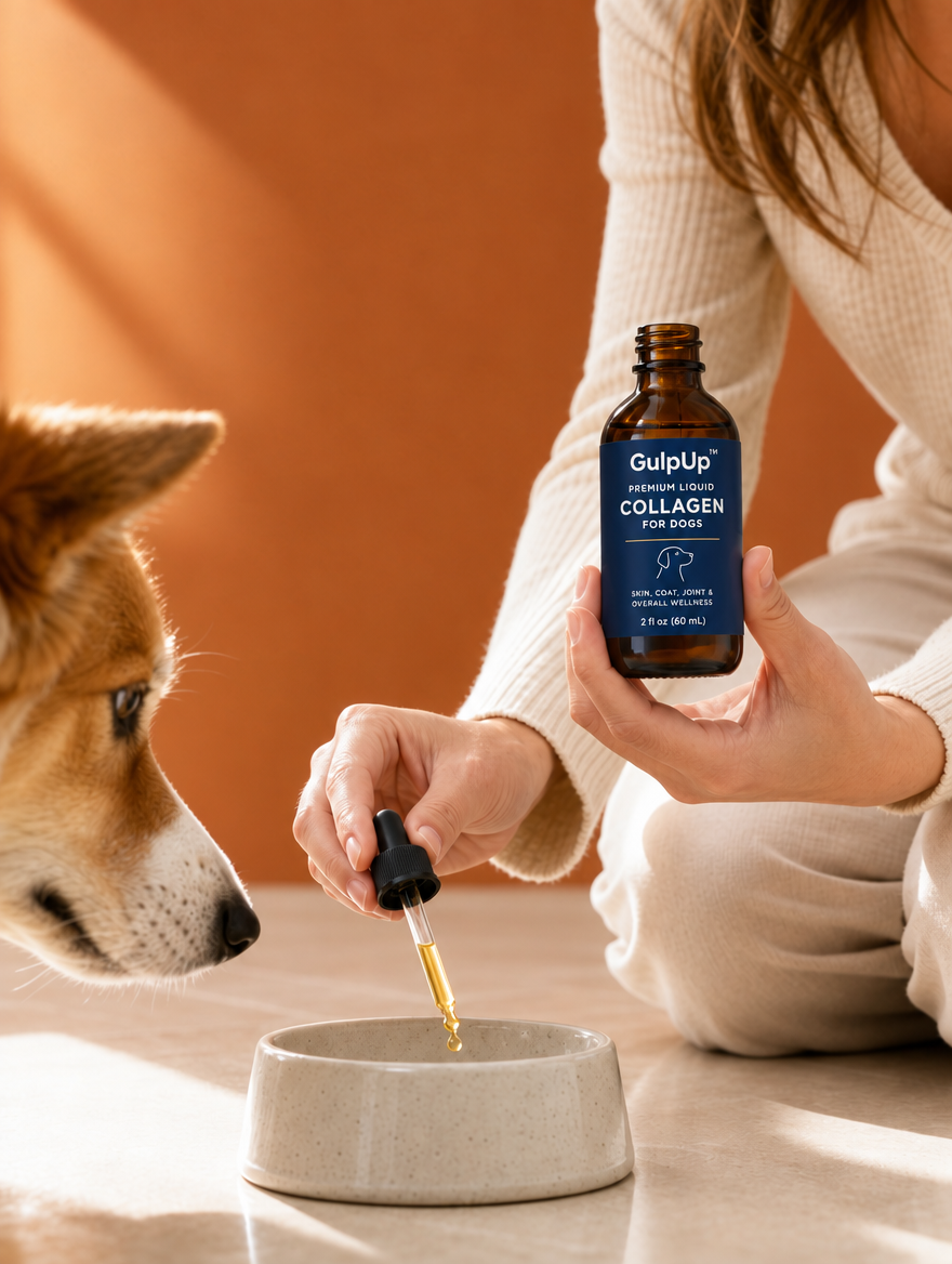 Woman with her dog using GulpUp Premium Liquid Collagen