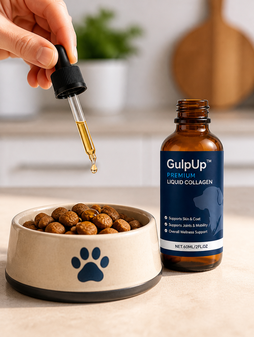 Adding GulpUp Liquid Collagen drops to a dog food bowl - usage demo